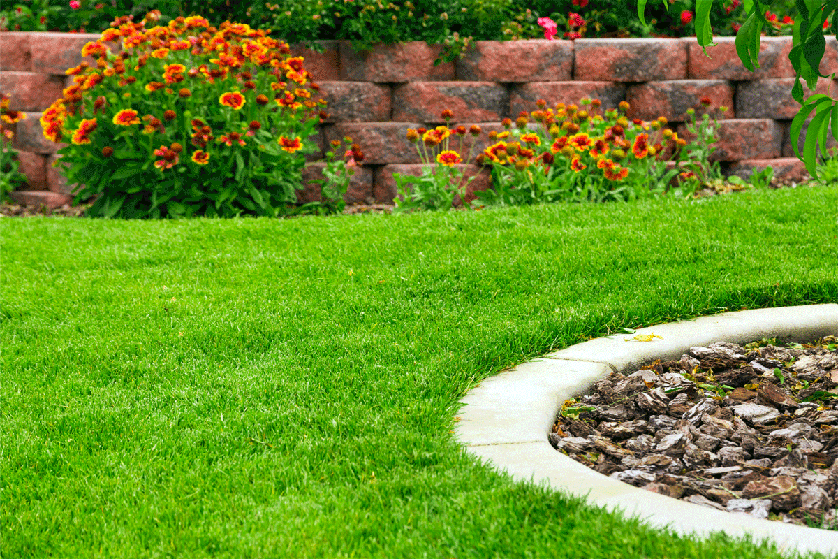 photo of a bright green lawn with orange flowers and mulch